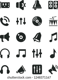 Solid Black Vector Icon Set - bell vector, horn, drumroll, headphones, music, CD, regulator, no sound, phone call, megaphone, pc card, speaker, note, settings, loudspeaker