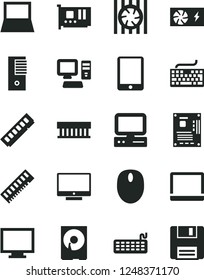 Solid Black Vector Icon Set - monitor vector, keyboard, screen, computer, tablet pc, notebook, radiator fan, mouse, power supply, tower, motherboard, memory, card, hdd, floppy