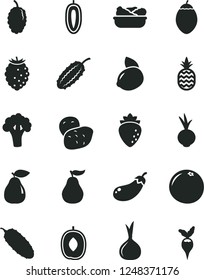 Solid Black Vector Icon Set - lettuce in a plate vector, cucumber, beet, pineapple, pear, raspberry, tasty, mulberry, delicious plum, sweet date fruit, yellow lemon, tamarillo, grapefruit, onion