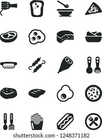 Solid Black Vector Icon Set - plates and spoons vector, plastic fork, iron, cheese, pizza, piece of, Hot Dog, mini, noodles, lettuce in a plate, grill chicken leg, bacon, chop, meat on skewers, egg