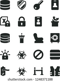 Solid Black Vector Icon Set - Prohibition Vector, Baby Chair, Door Knob, Lock, Big Data, Strongbox, Encrypting, Biohazard, Airport Tower, Rope Barrier, Identity Card, Passort Control, Key, Access