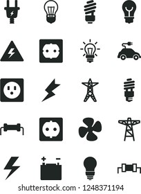 Solid Black Vector Icon Set - lightning vector, danger of electricity, saving light bulb, power socket type f, fan screw, accumulator, line, pole, electric plug, energy, car, resistor