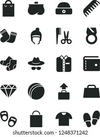 Solid Black Vector Icon Set - paper bag vector, purse, hat with glasses, bath ball, accessories for a hairstyle, comb, warm socks, Knitted, shoes little children, winter, T shirt, folded, hand