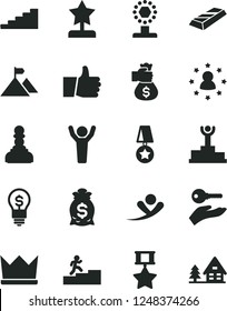 Solid Black Vector Icon Set - thumb up vector, winner podium, cup, pawn, star reward, carrer stairway, man hands, mountain flag, medal, hero, gold bar, money bag hand, arm with key, idea, crown