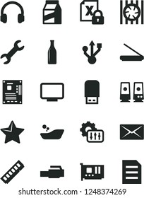 Solid Black Vector Icon Set - children's bathroom vector, star, package, Glass bottle, radiator fan, encrypting, motherboard, memory, pc card, monitor, usb, scanner, flash, headphones, speaker, mail