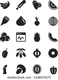 Solid Black Vector Icon Set - mercury thermometer vector, cardiogram, porcini, grill chicken leg, beet, branch of grape, fig, half medlar, blueberries, tasty mulberry, water melon, slice, goji berry