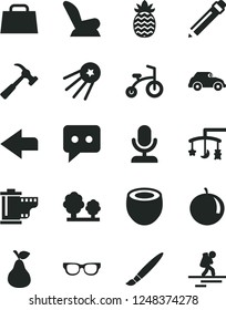 Solid Black Vector Icon Set - tassel vector, left direction, graphite pencil, camera roll, toys over the cradle, car child seat, bicycle, hammer with claw, pear, tangerine, half of coconut, trees