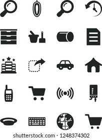 Solid Black Vector Icon Set - storage unit vector, motor vehicle, toy sand set, electronic boiler, move right, plate, sweet date fruit, pipe, shopping cart, planet, mobile phone, keyboard, wireless