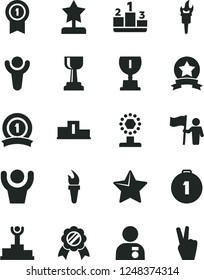 Solid Black Vector Icon Set - star vector, pedestal, flame torch, winner, podium, award, cup, gold, reward, man with medal, hold flag, first place, pennant, ribbon, hands up, victory hand