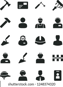Solid Black Vector Icon Set - builder vector, workman, trowel, building, paint roller, ceramic tiles, construction helmet, hammer, with claw, employee, pass card, operator, welding, woman, man