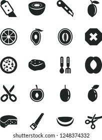 Solid Black Vector Icon Set - scissors vector, mark of injury, iron fork spoons, arm saw, knife, stationery, cheese, pizza, piece meat, half mango, peach, melon, cherry, passion fruit, lemon, juicy