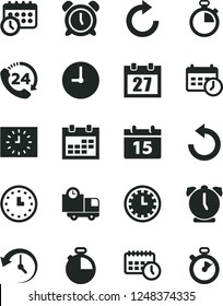 Solid Black Vector Icon Set - daily calendar vector, stopwatch, clock face, alarm, clockwise, counterclockwise, wall, timer, delivery, 24, watch, black, agenda, history, schedule