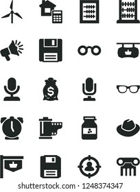 Solid Black Vector Icon Set - desktop microphone vector, hat, camera roll, new abacus, estimate, alarm clock, jar of jam, windmill, vintage sign, antique advertising signboard, man in sight, floppy