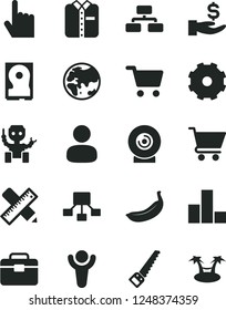 Solid Black Vector Icon Set - truck lorry vector, bar chart, arm saw, portfolio, writing accessories, index finger, flowchart, cart, folded shirt, lens, banana, planet, shopping, man, get a wage