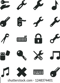 Solid Black Vector Icon Set - repair key vector, cross, small tools, adjustable wrench, door knob, lock, music, steel, keyboard, usb flash, note, arm with