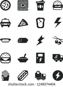 Solid Black Vector Icon Set - lightning vector, dangers, car, delivery, sausage, pizza, piece of, Hot Dog, mini, big burger, a bowl buckwheat porridge, fried potato slices, Chinese chopsticks