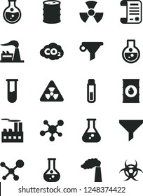 Solid Black Vector Icon Set - round flask vector, manufacture, factory, oil, barrel, industrial building, carbon dyoxide, filter, water, research article, test tube, molecule, nuclear, biohazard