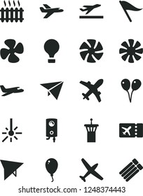 Solid Black Vector Icon Set - wind direction indicator vector, colored air balloons, balloon, boiler, fan screw, outdoor thermometer, cast iron radiator, paper plane, private, hang glider, ticket