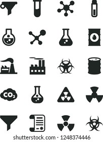 Solid Black Vector Icon Set - flask vector, factory, oil, barrel, industrial building, radiation, carbon dyoxide, filter, water, research article, test tube, molecule, nuclear, biohazard