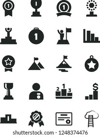 Solid Black Vector Icon Set - positive histogram vector, pedestal, winner podium, award, cup, gold, man with medal, star, flag, motivation, mountain, first place, pennant, ribbon, certificate