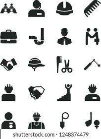 Solid Black Vector Icon Set - accessories for a hairstyle vector, comb, builder, workman, siphon, construction helmet, plummet, employee, welding, briefcase, hand shake, handclasp, dispatcher, golf