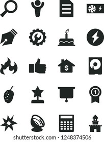 Solid Black Vector Icon Set - cake vector, gear, tasty mulberry, pc power supply, hdd, file, zoom, flame, calculator, satellite antenna, presentation board, ink pen, bang, electricity, winner