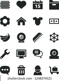 Solid Black Vector Icon Set - heart symbol vector, monitor window, t short, comb, house, calendar, folder, lens, bananas, racer, weaving, repair key, speech, web camera, trash bin, settings, 3d cube