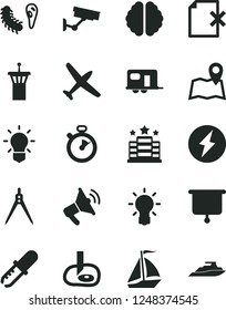 Solid Black Vector Icon Set - delete page vector, bulb, brain, bactery, pipette, drawing compass, artifical insimination, presentation board, stopwatch, electricity, plane, camper, sail boat, hotel