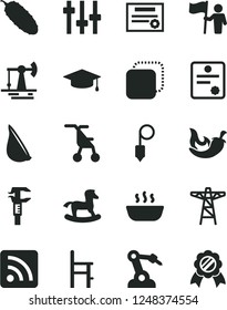 Solid Black Vector Icon Set - rss feed vector, sitting stroller, a chair for feeding, small rocking horse, plummet, copy, hot porridge, cucumber, chili, garlic, working oil derrick, power pole