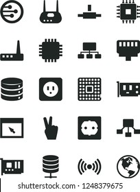 Solid Black Vector Icon Set - power socket type b vector, f, big data, server, processor, scheme, hierarchical, cpu, pc card, router, network, browser, connect, lan connector, wireless, victory hand