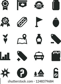 Solid Black Vector Icon Set - add label vector, remove, pennant, negative histogram, question, car, Hot Dog, bottle, tamarillo, radish, jar, vintage sign, sale, sd card, medal, bang, forest house