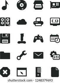 Solid Black Vector Icon Set - mark of injury vector, pc tower, card, cd, printer, scanner, speaker, browser, folder, floppy, coding, note, joystick, mail, repair, schedule clock, settings, cloud