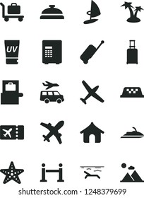 Solid Black Vector Icon Set - plane vector, taxi, rope barrier, rolling suitcase, baggage scanner, ticket, case, boungalow, beach, uv cream, palm tree, starfish, transfer, safe, jet ski, windsurfing