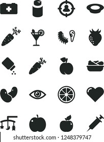 Solid Black Vector Icon Set - toys over the cradle vector, powder, baby, bag of a paramedic, heart, eye, lettuce in plate, milk, carrot, cocktail, peach, apple, apricot, strawberry, juicy lemon