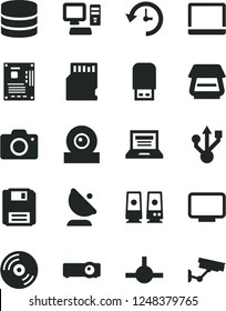 Solid Black Vector Icon Set - laptop vector, camera, CD, satellite antenna, computer, notebook pc, motherboard, monitor, web, usb, scanner, flash, speaker, connect, floppy, projector, sd card