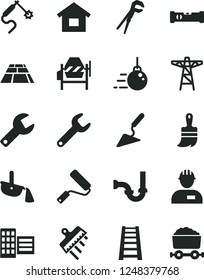 Solid Black Vector Icon Set - repair key vector, dwelling, workman, big core, building trowel, concrete mixer, adjustable wrench, new roller, wooden paint brush, stepladder, sewerage, city block