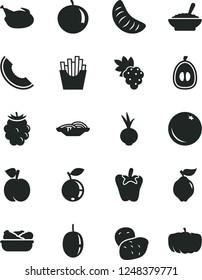 Solid Black Vector Icon Set - slices of onion vector, a bowl buckwheat porridge, lettuce in plate, chicken, peper, beet, French fries, orange, peach, grape, quince, blackberry, blueberry, tangerine