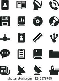 Solid Black Vector Icon Set - vector e, speech, book, phone call, satellite dish, antenna, ring diagram, on statistics, morning paper, memory, usb, cd, folder, connect, floppy, clipboard, access
