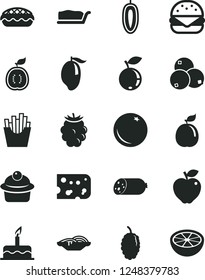 Solid Black Vector Icon Set - cake vector, sausage, piece of cheese, big burger, slices onion, muffin, slice, apple pie, French fries, orange, red, blackberry, blueberry, blueberries, mulberry
