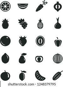 Solid Black Vector Icon Set - a pineapple vector, orange, grape, pear, strawberry, half of medlar, water melon, slice, tangerine, lemon, juicy, lime, ripe, tomato, pepper, onion, carrot, cucumber