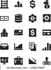 Solid Black Vector Icon Set - abacus vector, case, drawer, strongbox, reverse side of a bank card, front the, column coins, bar chart, recession, denomination dollar, financial item, report, arrows