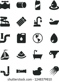 Solid Black Vector Icon Set - baby duckling vector, children's bathroom, bath, siphon, construction level, kitchen faucet, drop, soda can, slice of water melon, valve, pipes, planet Earth, pipe