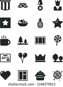 Solid Black Vector Icon Set - colored air balloons vector, window, frame, pavement, star, heart, muffin, a plate of fruit, lollipop, cup tea, pineapple, trees, forest, medal, certificate, king