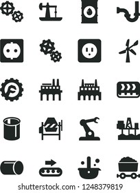 Solid Black Vector Icon Set - gears vector, concrete mixer, sewerage, power socket type b, star gear, commercial seaport, oil derrick, wind energy, industrial factory, enterprise, conveyor, pipe