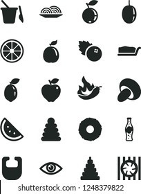 Solid Black Vector Icon Set - bib vector, stacking rings, toy, children's sand set, eye, onion, porcini, cake slice, bottle of soda, blueberries, orange, red apple, blueberry, passion fruit, guava
