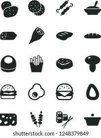 Solid Black Vector Icon Set - baby bib vector, sausage, stick of, piece cheese, loaf, fried vegetables on sticks, big burger, mushroom, a bowl buckwheat porridge, grill chicken leg, chop, sushi set