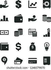 Solid Black Vector Icon Set - bank card vector, purse, dollar, graph, calculation, strongbox, coins, chart, denomination of the, get a wage, catch coin, wallet, dollars, pedestal, idea, pin, credit