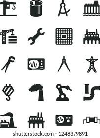Solid Black Vector Icon Set - crane vector, tower, hook, adjustable wrench, water pipes, manufacture, factory, hydroelectricity, power line, industrial, enterprise, processor, robot welder, repair