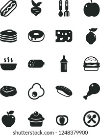 Solid Black Vector Icon Set - measuring bottle for feeding vector, iron fork spoons, sausage, piece of cheese, Hot Dog, burger, muffin, cake with a hole, porridge, chicken leg, meat, japanese sushi