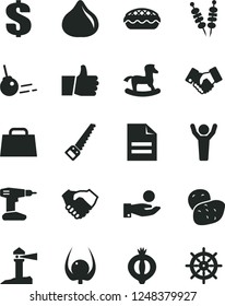 Solid Black Vector Icon Set - scribbled paper vector, dollar, small rocking horse, drill, arm saw, core, thumb up, fried vegetables on sticks, apple pie, fig, half of medlar, physalis, potato, bag